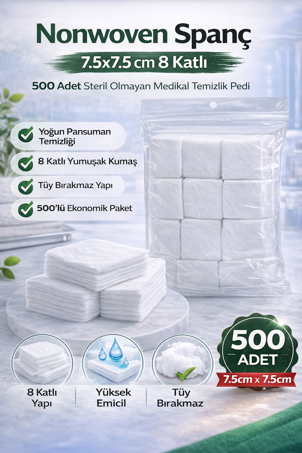 Nonwoven Spanç 7,5x7,5 cm 8 Katlı 500 Adet Steril Olmayan Medikal Temizlik Pedi