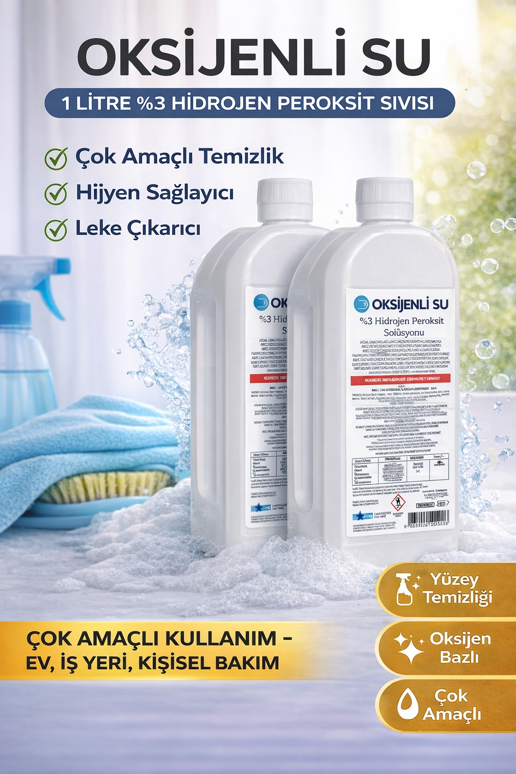 Oksijenli Su 1 Litre 2 Adet Set %3 Hidrojen Peroksit Solüsyonu Çok Amaçlı Temizlik ve Hijyen Sıvısı