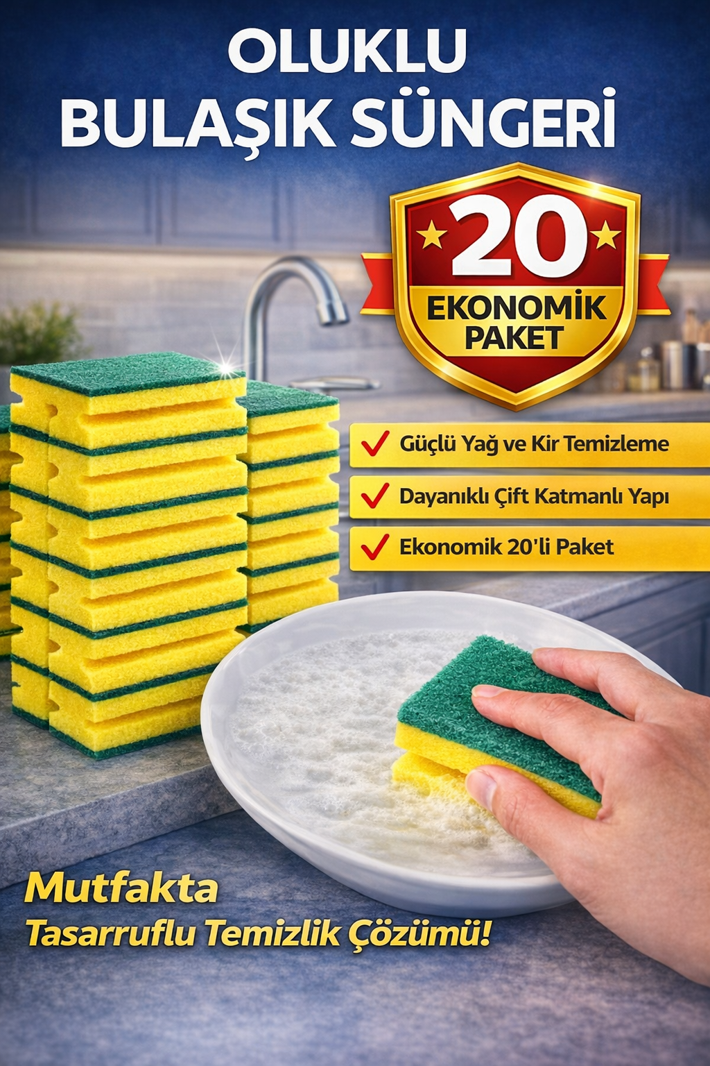Oluklu Bulaşık Süngeri 5'li 4 Paket Güçlü Yağ ve Kir Temizleyici Çift Katmanlı Dayanıklı Mutfak Temizlik Süngeri Ekonomik Paket