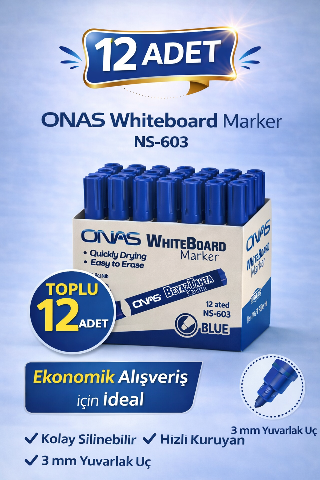 ONAS Whiteboard Marker NS-603 Mavi Tahta Kalemi 3 mm Yuvarlak Uç 12 Adet