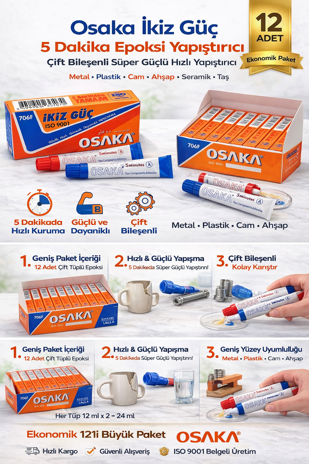 Osaka İkiz Güç 5 Dakika Epoksi Yapıştırıcı Çift Bileşenli Güçlü Hızlı Yapıştırıcı 12Adet
