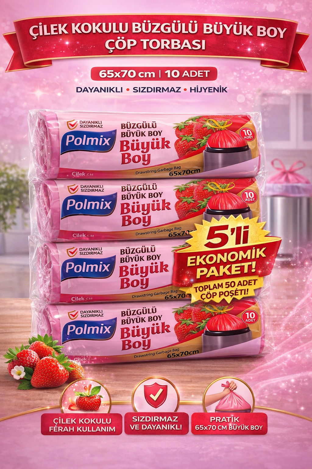 Polmix Çilek Kokulu Büzgülü Büyük Boy Çöp Torbası 65x70 cm 10'lu 5 Paket Dayanıklı Sızdırmaz Çöp Poşeti