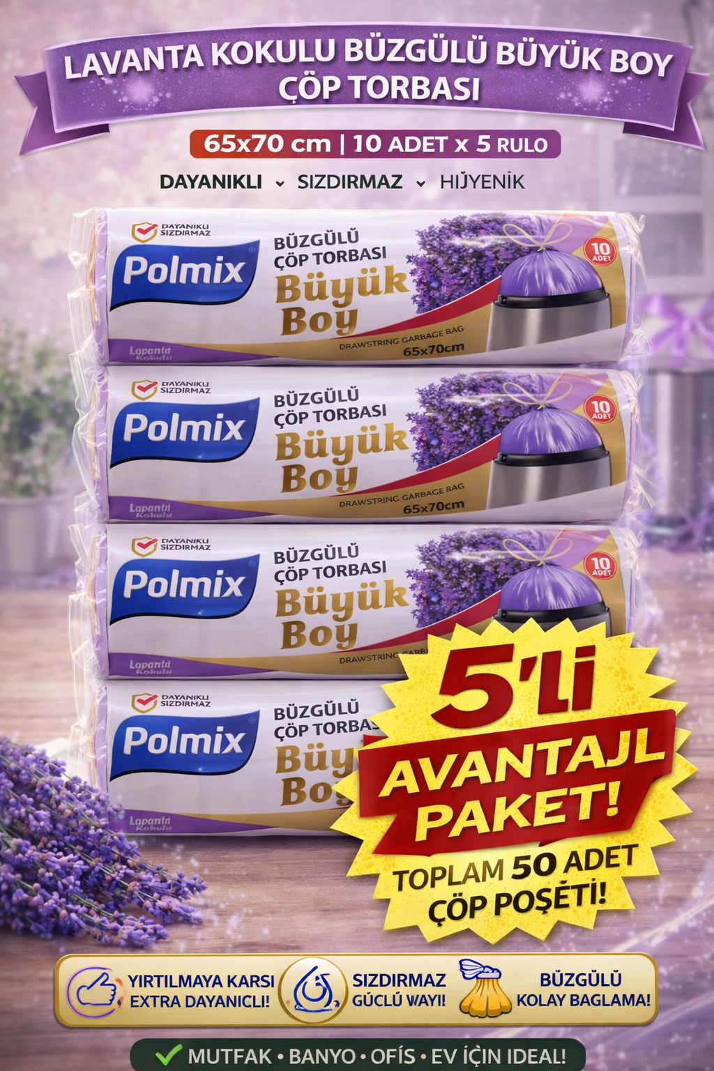 Polmix Lavanta Kokulu Büzgülü Çöp Torbası Büyük Boy 65x70 cm 10'lu 5 Paket Dayanıklı Sızdırmaz Çöp Poşeti