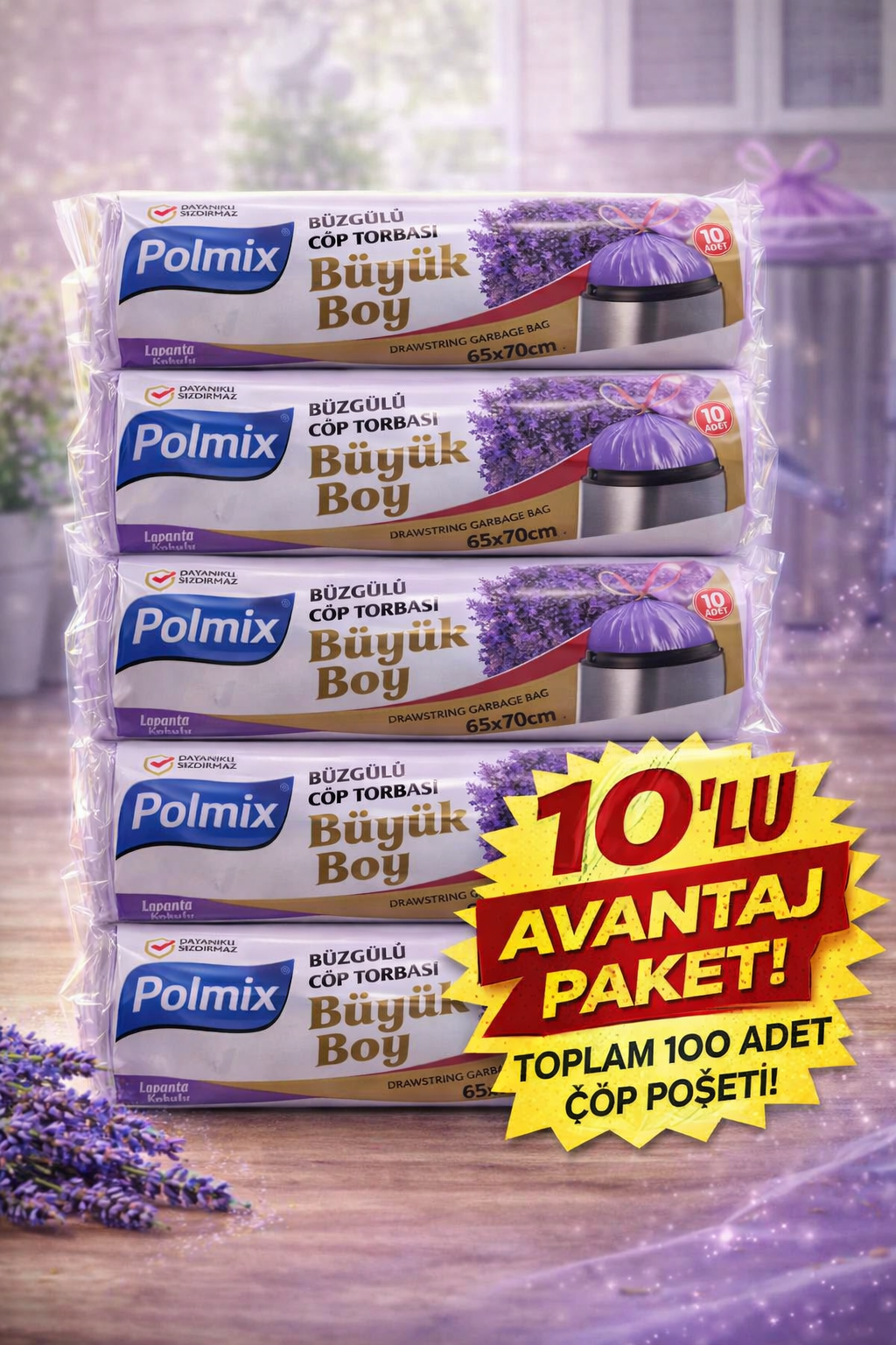 Polmix Lavanta Kokulu Büzgülü Çöp Torbası Büyük Boy 65x70 cm 10'lu 10 Paket Dayanıklı Sızdırmaz Çöp Poşeti