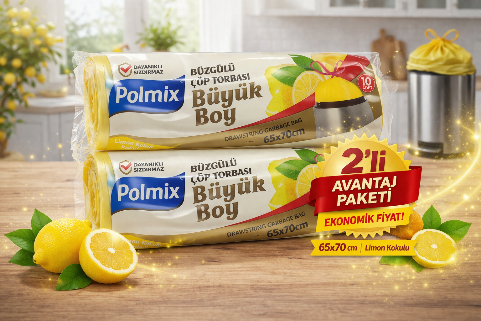 Polmix Limon Kokulu Büzgülü Büyük Boy Çöp Torbası 65x70 cm 10'lu 2 Paket Dayanıklı Sızdırmaz Çöp Poşeti