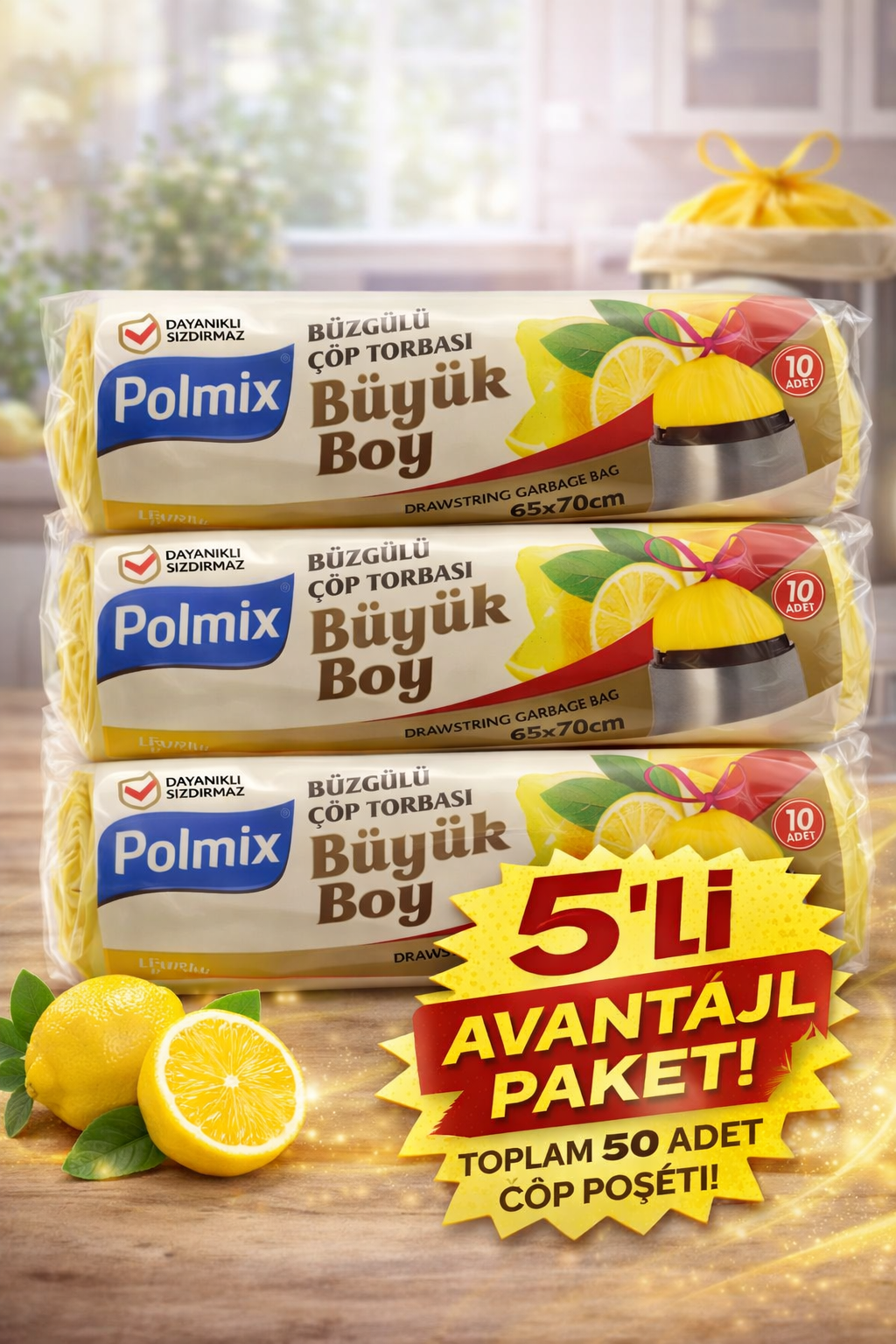 Polmix Limon Kokulu Büzgülü Büyük Boy Çöp Torbası 65x70 cm 10'lu 5 Paket Dayanıklı Sızdırmaz Çöp Poşeti