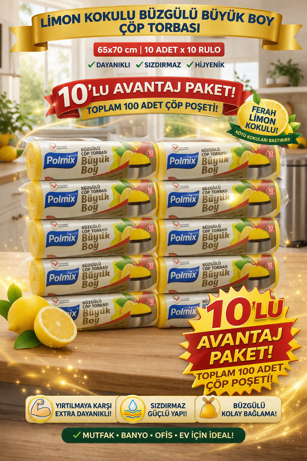 Polmix Limon Kokulu Büzgülü Büyük Boy Çöp Torbası 65x70 cm 10'lu 10 Paket Dayanıklı Sızdırmaz Çöp Poşeti