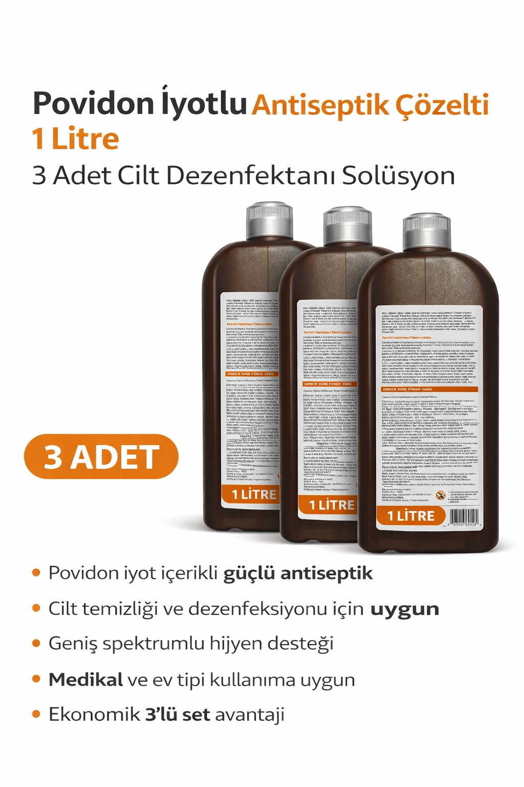 Povidon İyotlu Baticonal Antiseptik Çözelti 1 Litre x 3 Adet Cilt Dezenfektanı Solüsyon