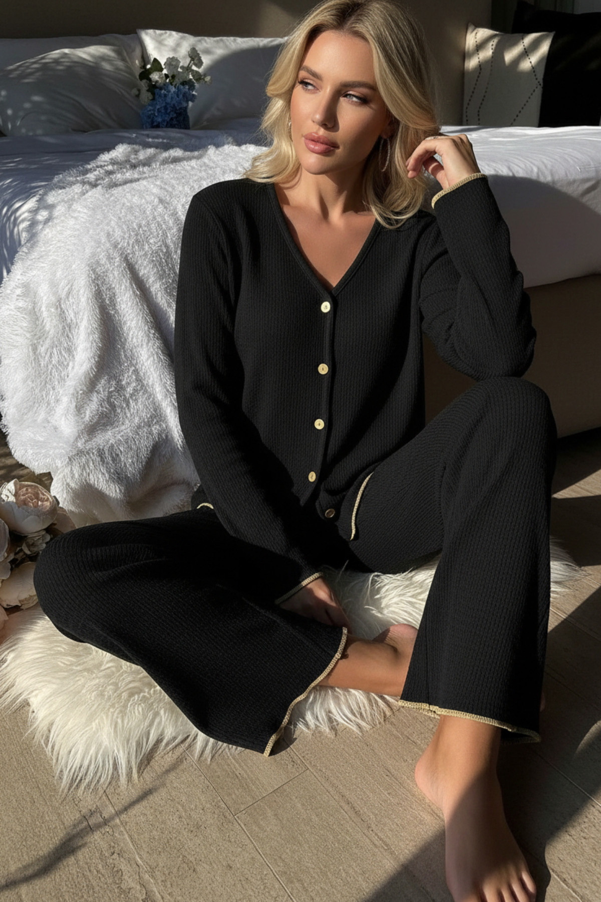 Premium Kadın Fitilli Pijama Takımı "“ Siyah Gold Biye Detaylı, Yumuşak Dokulu Ev Şıklığı