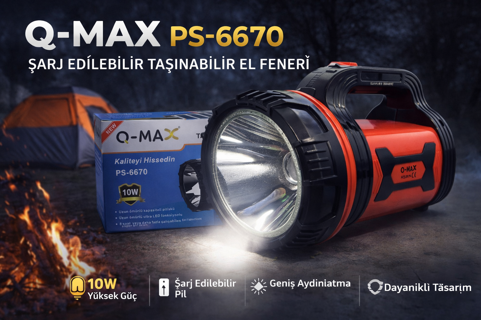 Q-Max PS-6670 Şarj Edilebilir El Feneri 10W Güçlü LED Taşınabilir Uzun Ömürlü Projektör Fener