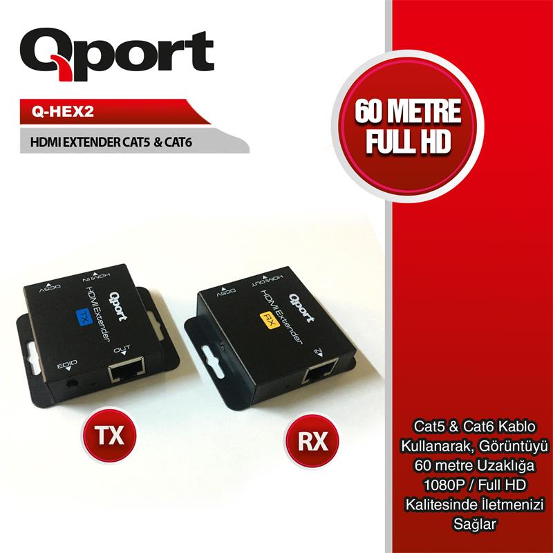 Qport QHex2 Hdmı Extender Cat6 60M 2 Li̇ Paket (Adaptör Dahi̇l)
