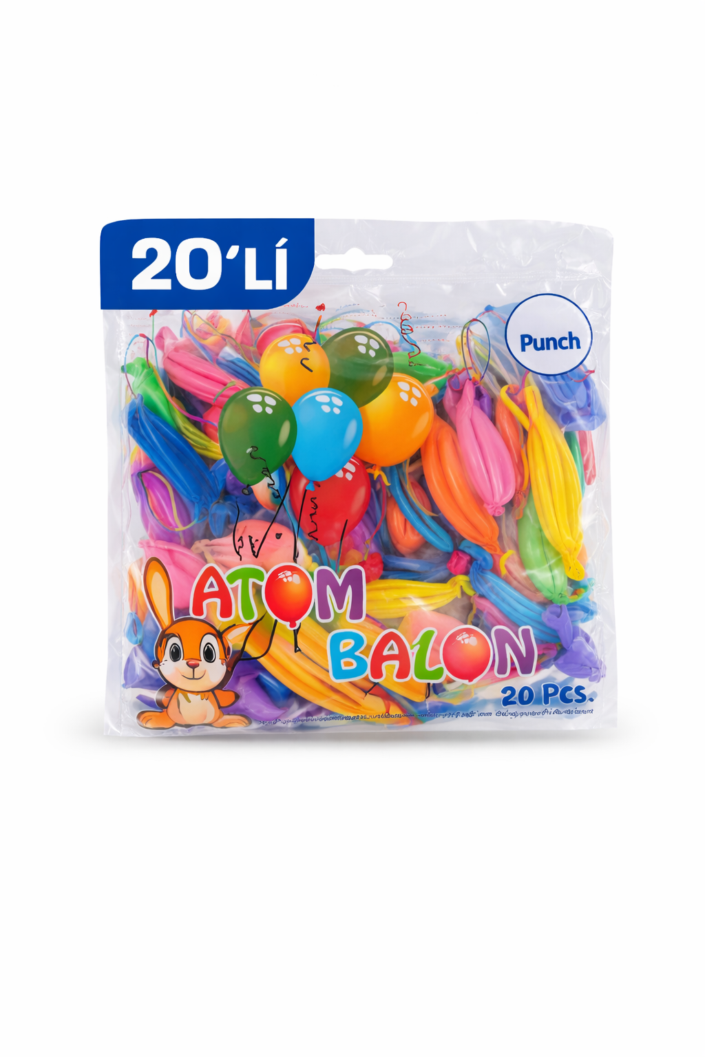 Renkli Atom Balon Punch Balon Lastik İpli Parti Balonu 20 ADET