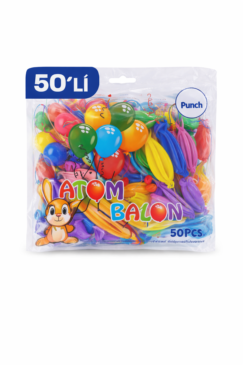Renkli Atom Balon Punch Balon Lastik İpli Parti Balonu 50 ADET