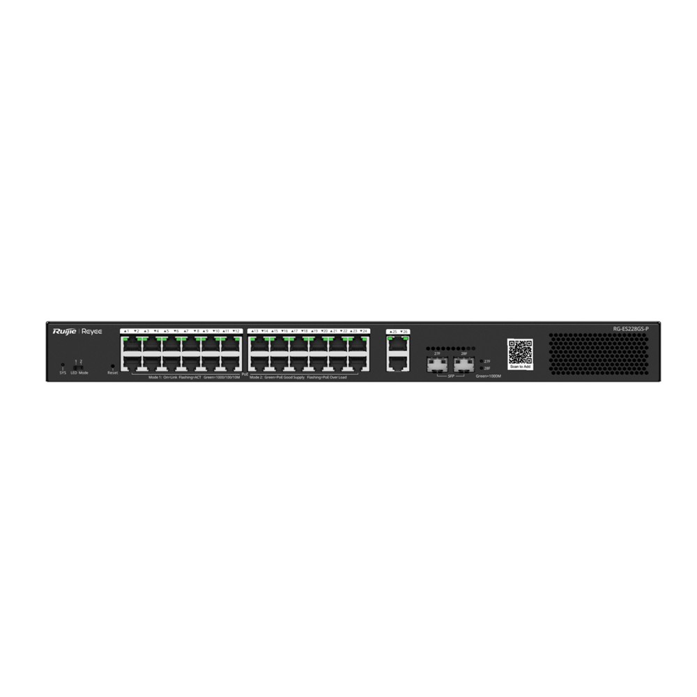 REYEE RG-ES228GS-P 28 PORT 10/100/1000 GIGABIT, YÖNETİLEBİLİR SWITCH, 2 SFP, 2 GIGABIT RJ45 UPLINK, 24 PORT POE+ (370W)