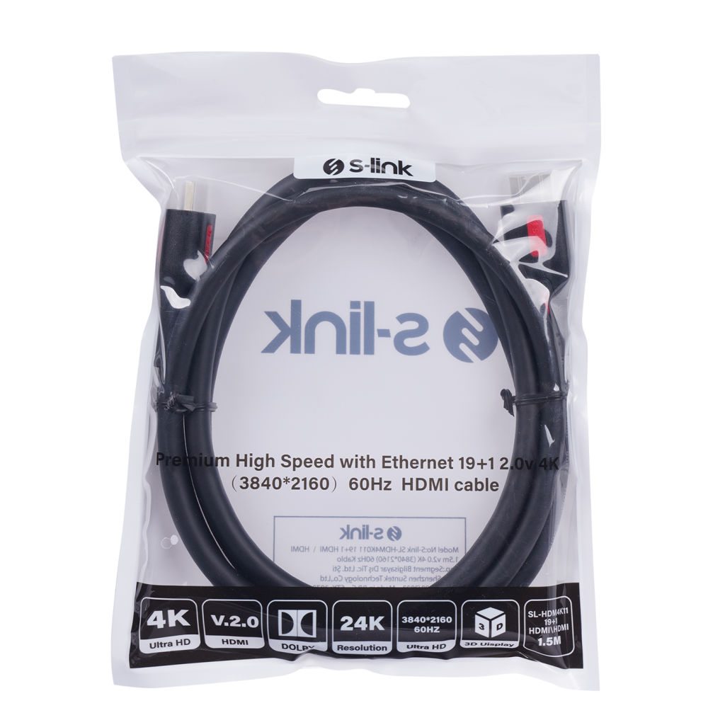S-LINK SL-HDM4K011, 4K UHD, HDMI v2,0 Kablo.1,5mt. 60Hz. Kablo