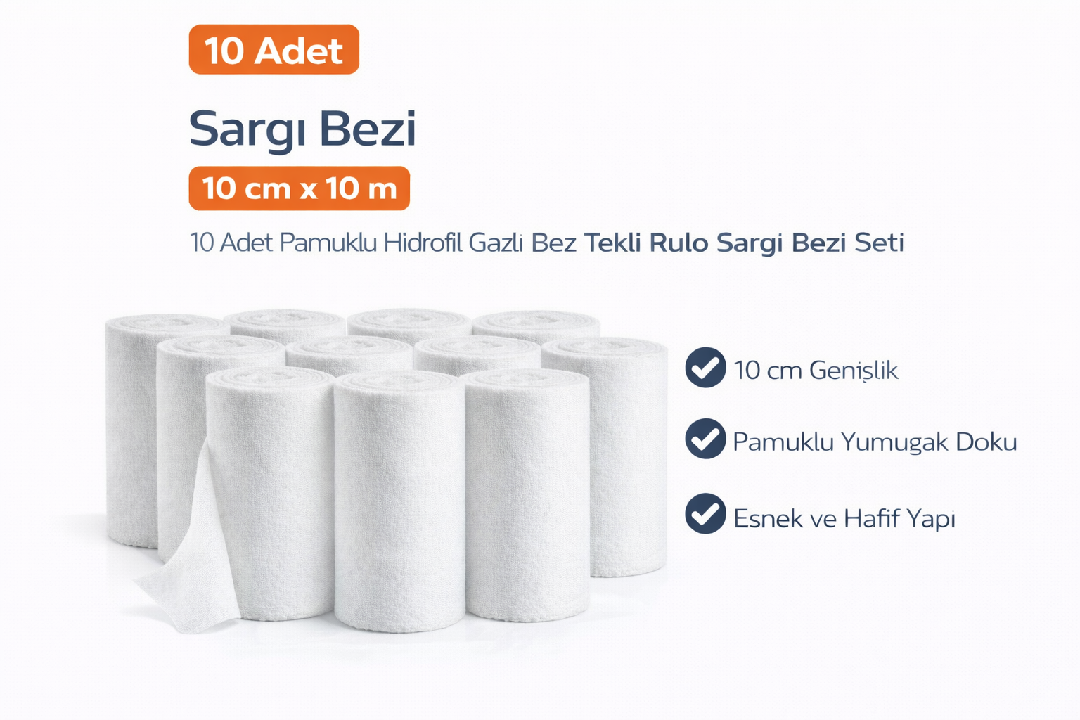 Sargı Bezi 10 cm x 10 m 10 Adet Pamuklu Hidrofil Gazlı Bez Tekli Rulo Sargı Bezi Seti