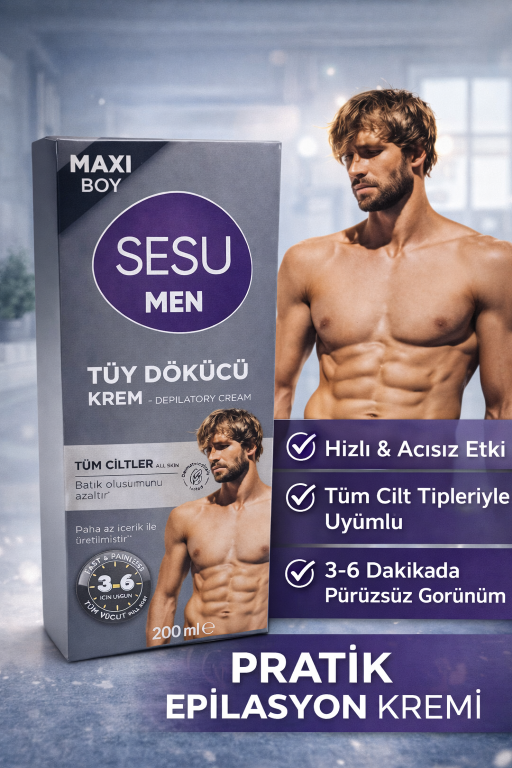 Sesu Men Tüy Dökücü Krem 200 ml Maxi Boy Erkekler İçin Hızlı Etkili Depilasyon Kremi