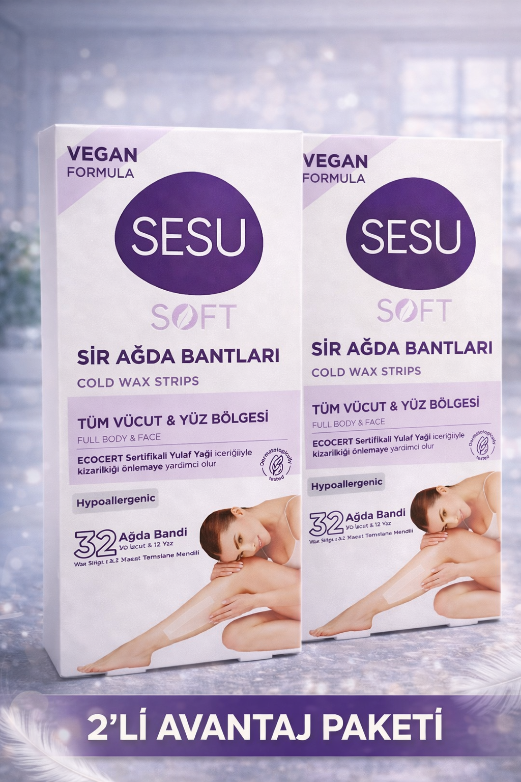 Sesu Soft Sir Ağda Bantları 32 Adet Vegan Formula Tüm Vücut ve Yüz İçin Soğuk Ağda Bandı 2'li Paket