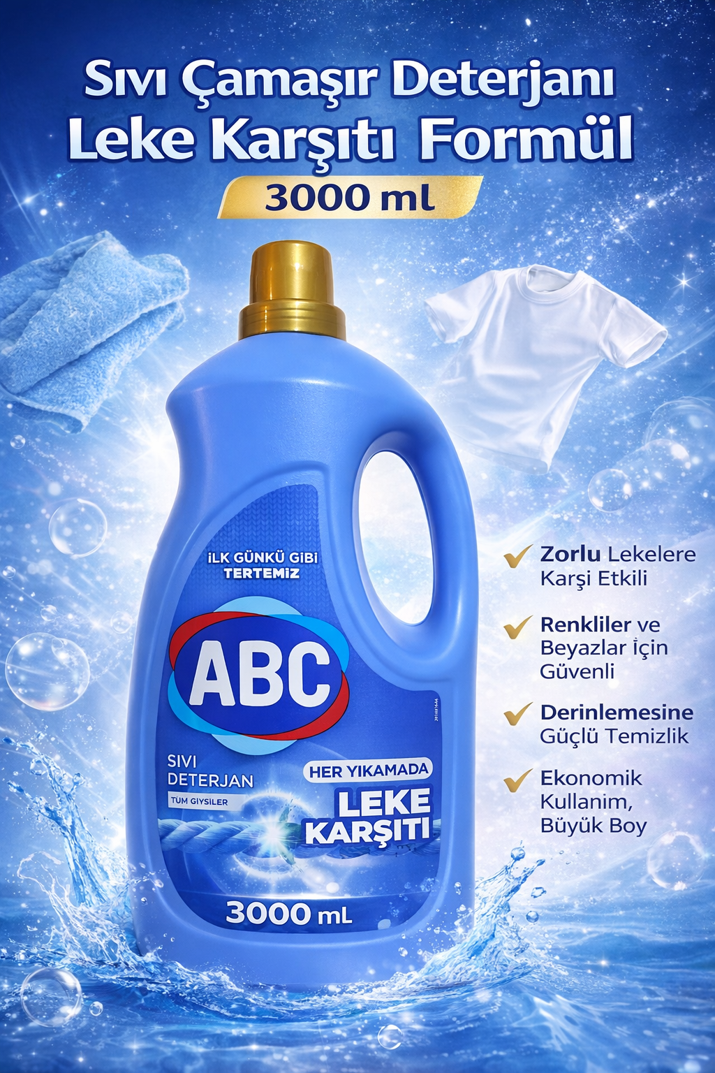 Sıvı Çamaşır Deterjanı Leke Karşıtı Etkili Temizlik Tüm Giysiler İçin 3000 ml