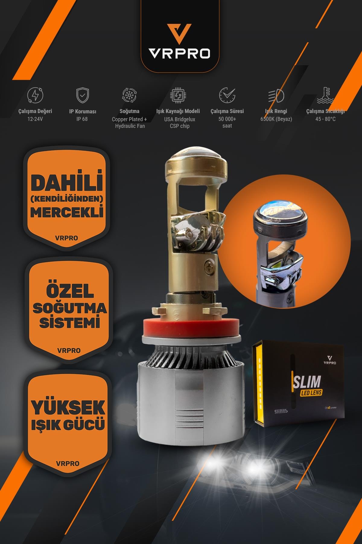 Slim Mercekli H7 LED Far Ampulü 40W 12V Fanlı VR Pro H7 Led Xenon Beyaz Işık