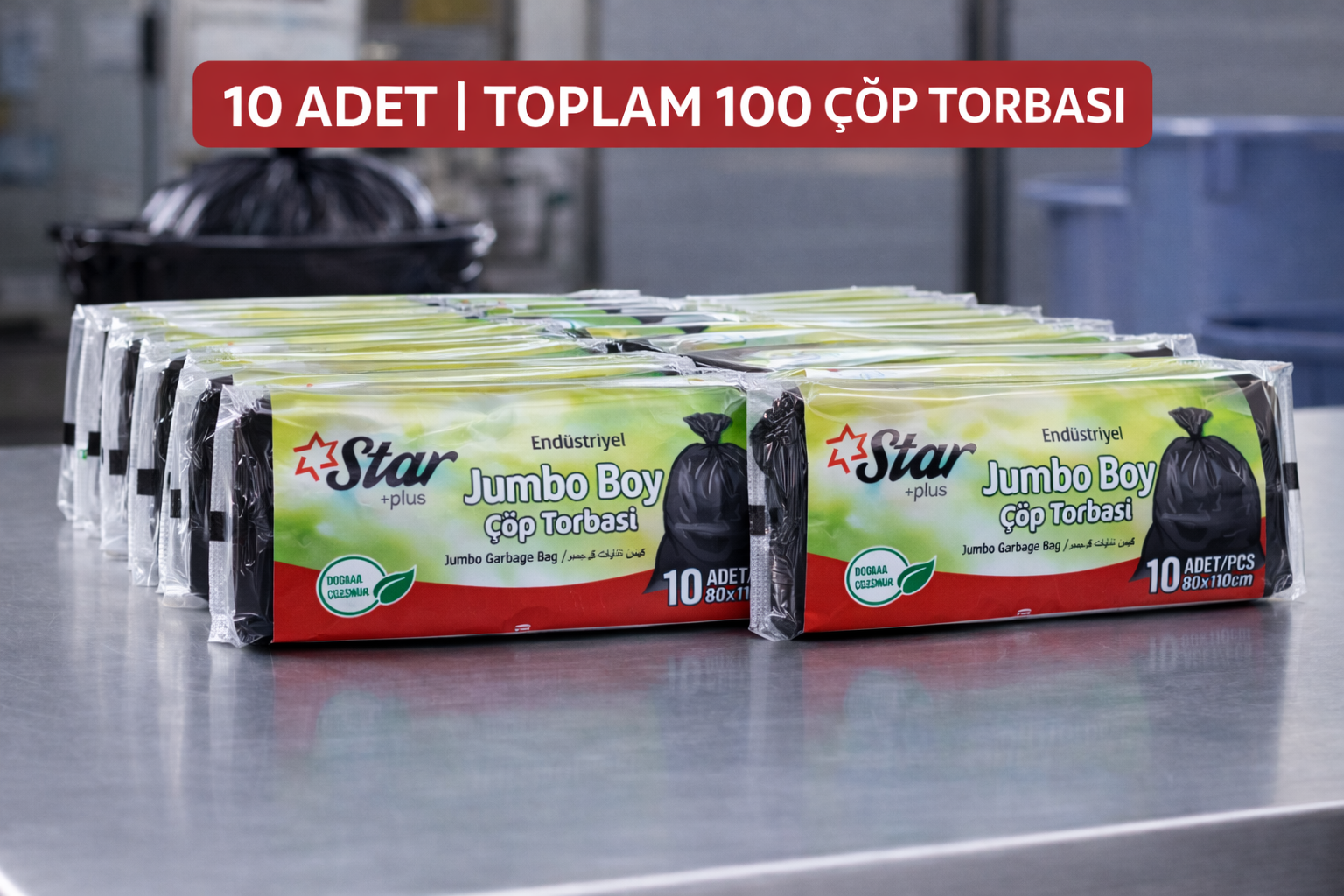 Star Plus Endüstriyel Jumbo Boy Atık Poşeti 80x110 cm 10lu Dayanıklı Sanayi Tipi Atık Torbası 10 Adet