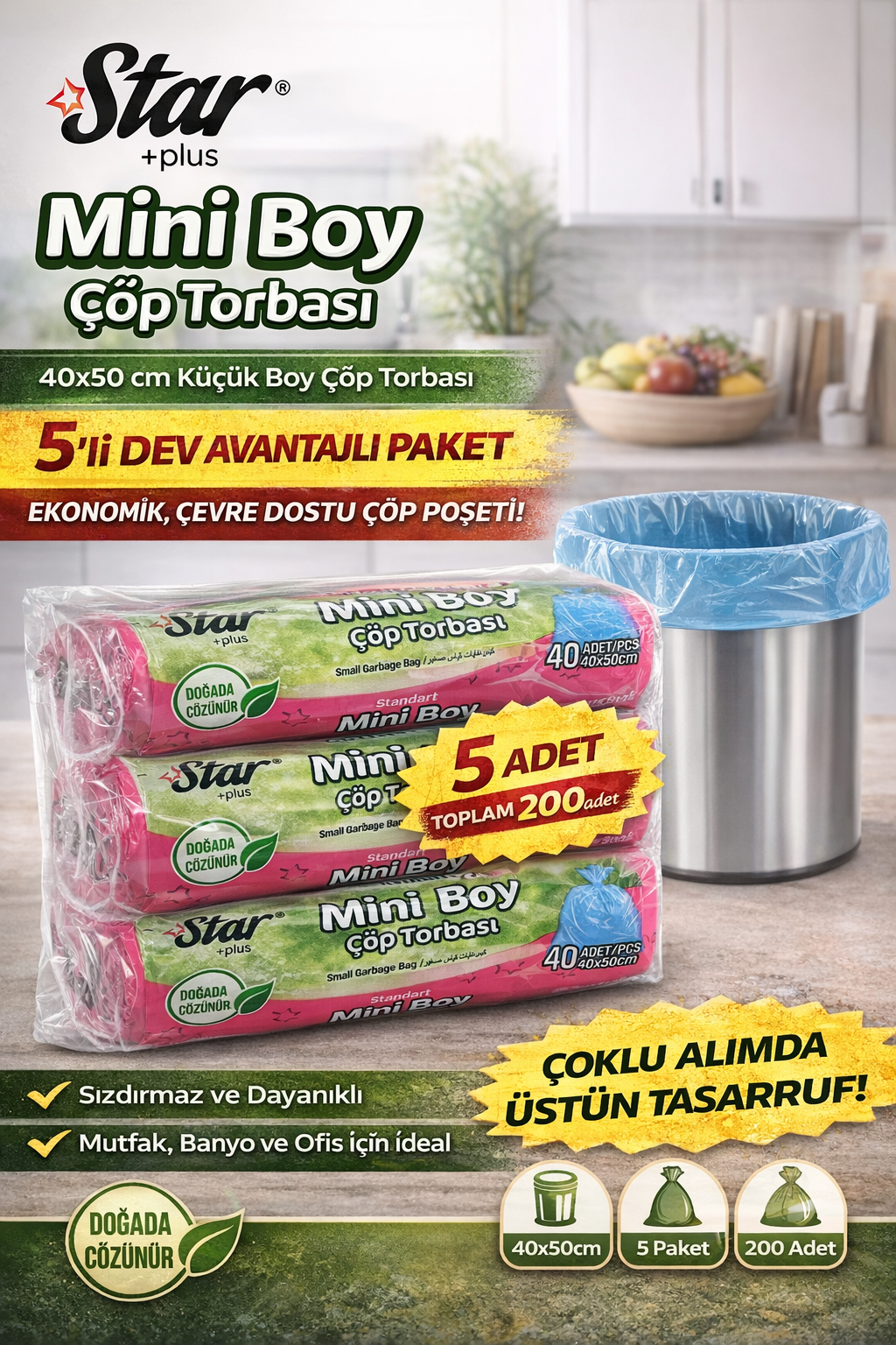 Star Plus Mini Boy Çöp Torbası 40'lı 5 Paket 40x50 cm Dayanıklı Sızdırmaz Küçük Boy Çöp Poşeti