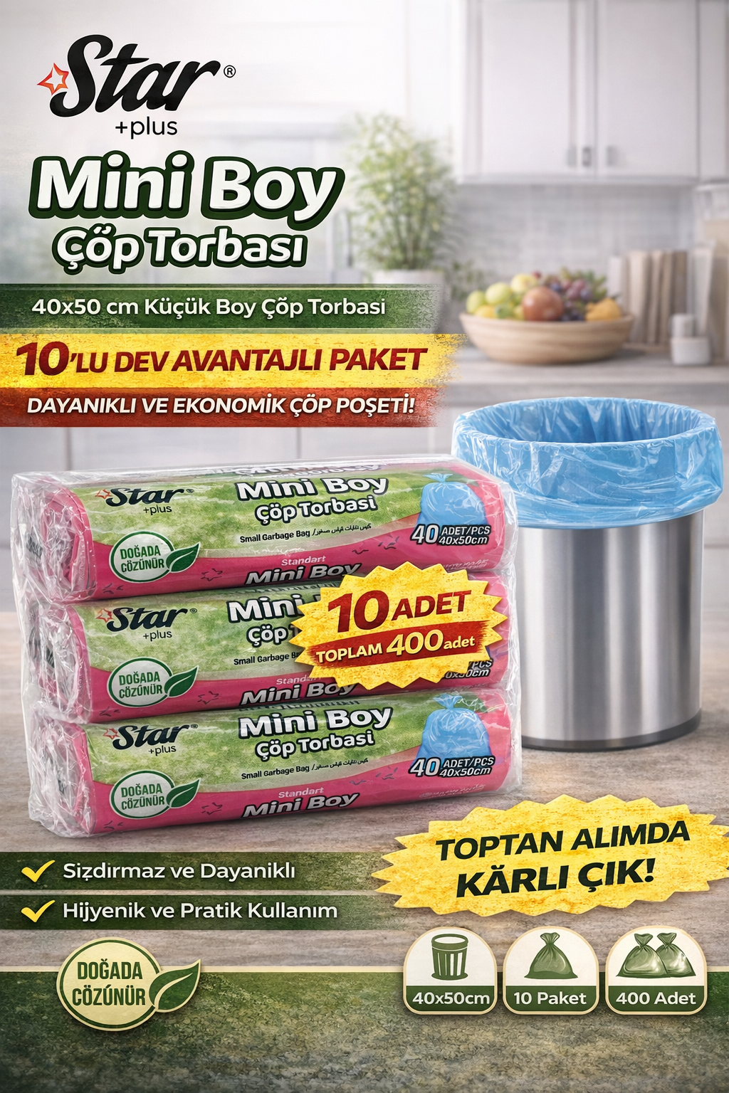 Star Plus Mini Boy Çöp Torbası 40'lı 10 Paket 40x50 cm Dayanıklı Sızdırmaz Küçük Boy Çöp Poşeti