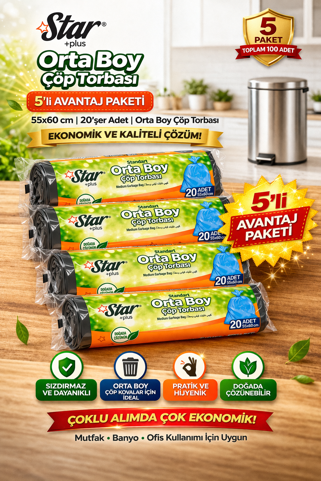 Star Plus Orta Boy Çöp Torbası 20'li 5 Paket 55x60 cm Dayanıklı Sızdırmaz Orta Boy Çöp Poşeti