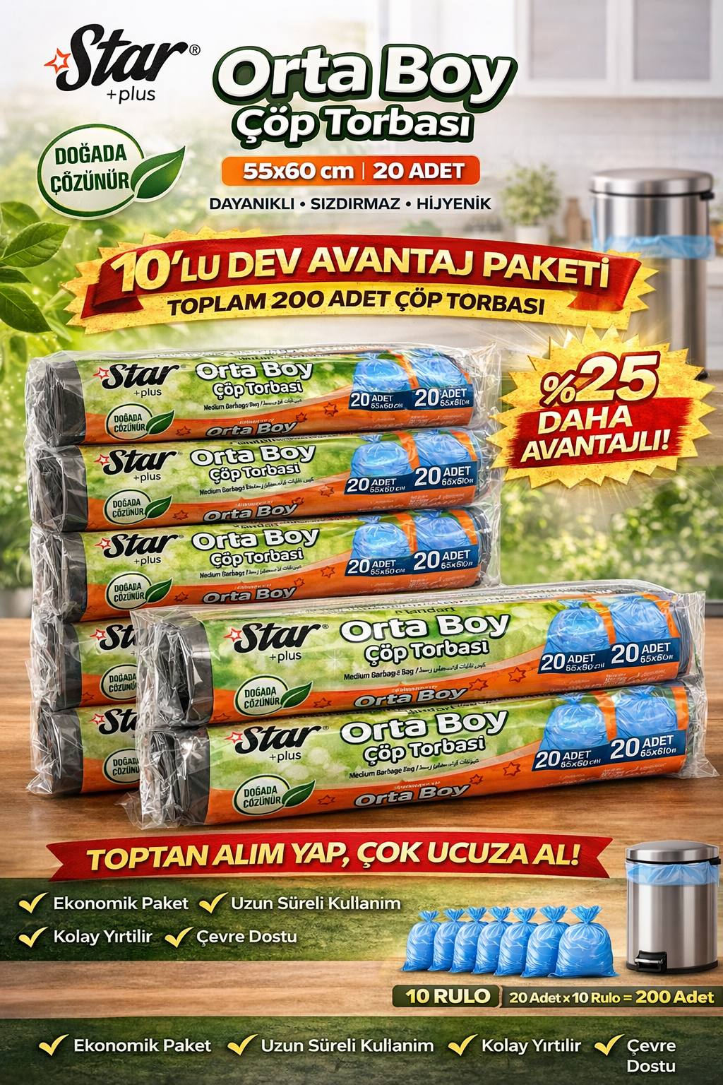 Star Plus Orta Boy Çöp Torbası 20'li 10 Paket 55x60 cm Dayanıklı Sızdırmaz Orta Boy Çöp Poşeti