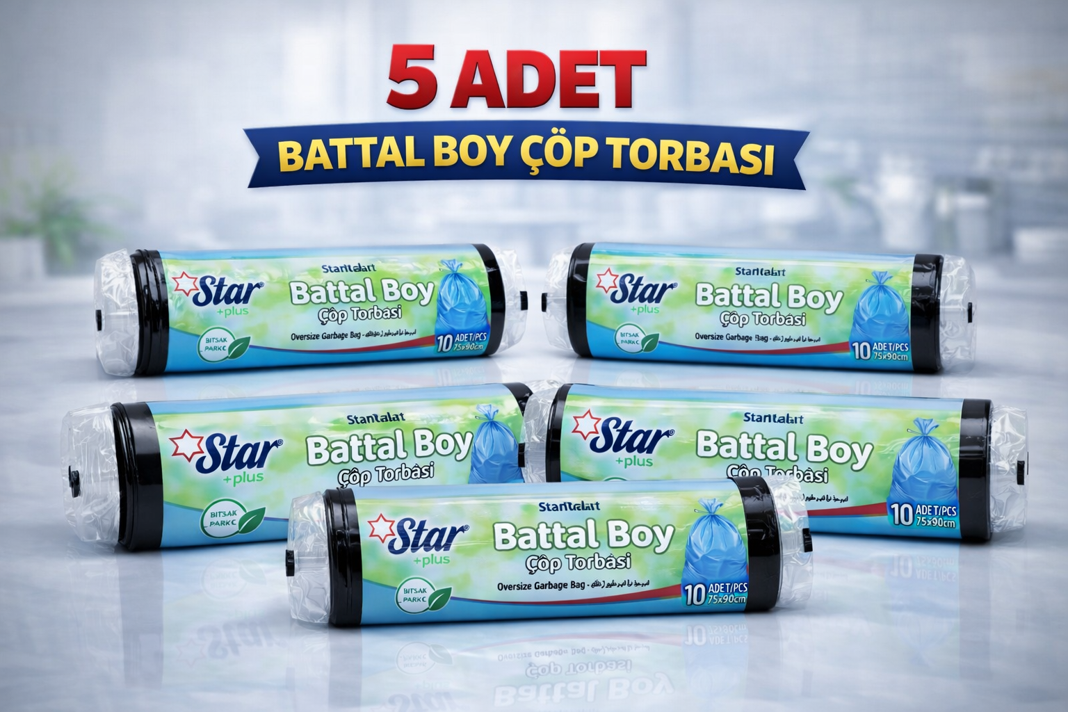 Star Plus Standart Battal Boy Atık Poşeti 75x90 cm 10lu Dayanıklı Büyük Boy Atık Torbası 5 Adet