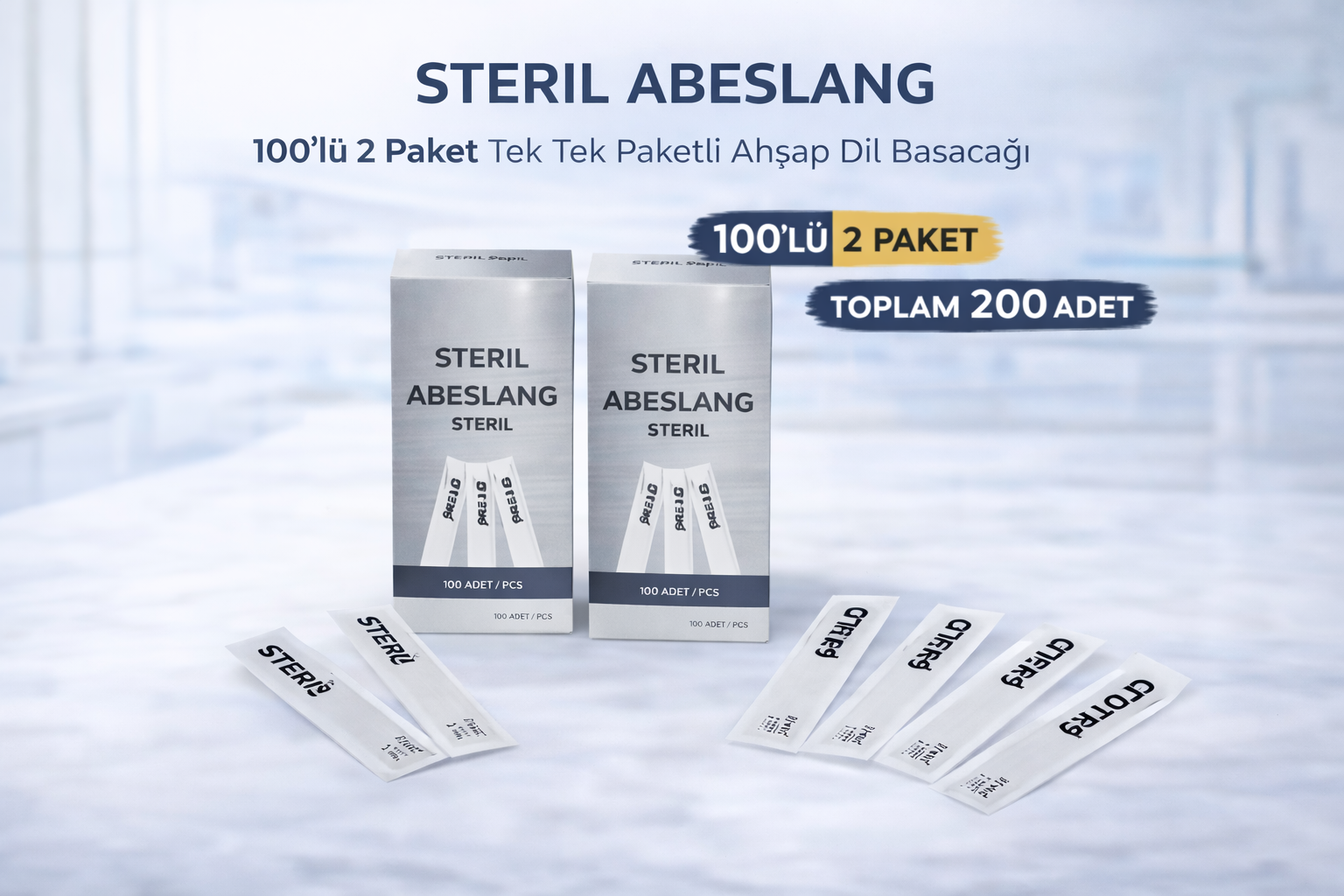 Steril Abeslang 100'lü 2 Paket Tek Tek Paketli Ahşap Dil Basacağı Medikal Spatula Toplam 200 Adet
