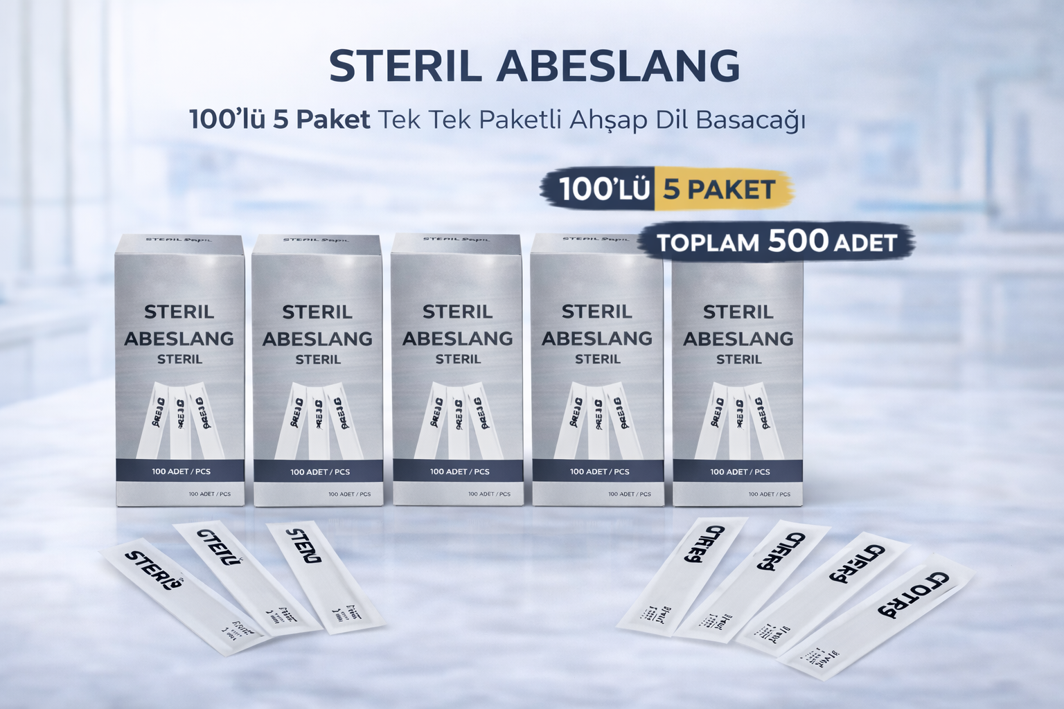 Steril Abeslang 100'lü 5 Paket Tek Tek Paketli Ahşap Dil Basacağı Medikal Spatula Toplam 500 Adet
