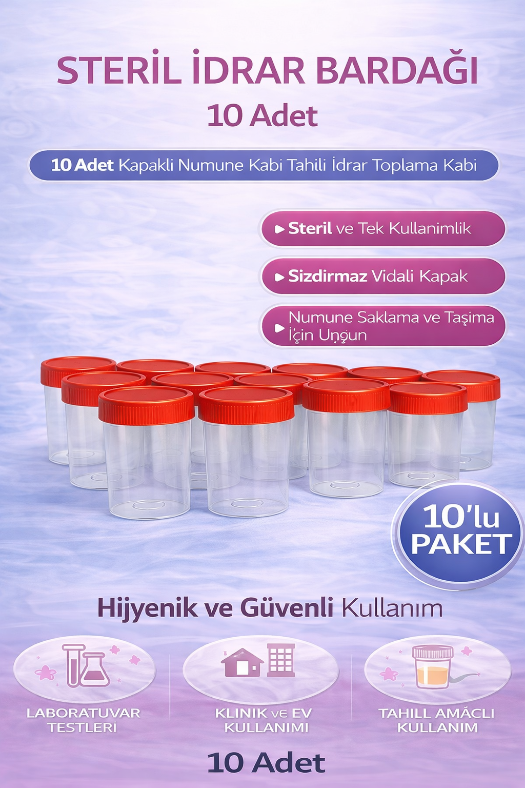 Steril İdrar Kabı Kapasiteli Numune Toplama Kabı 10 Adet