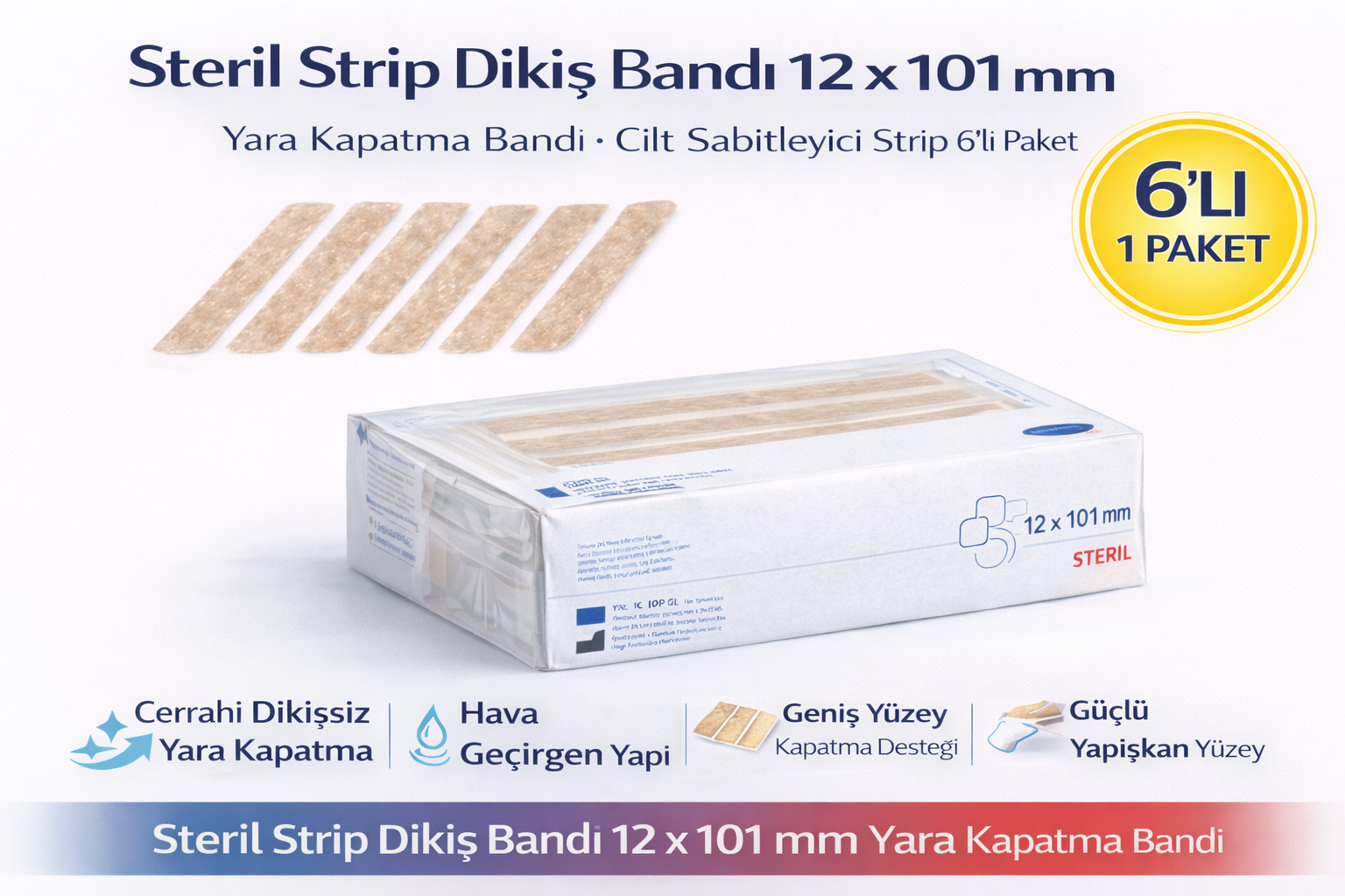 Steril Strip Dikiş Bandı 12 x 101 mm Yara Kapatma Bandı Cilt Sabitleyici Strip 6lı Paket