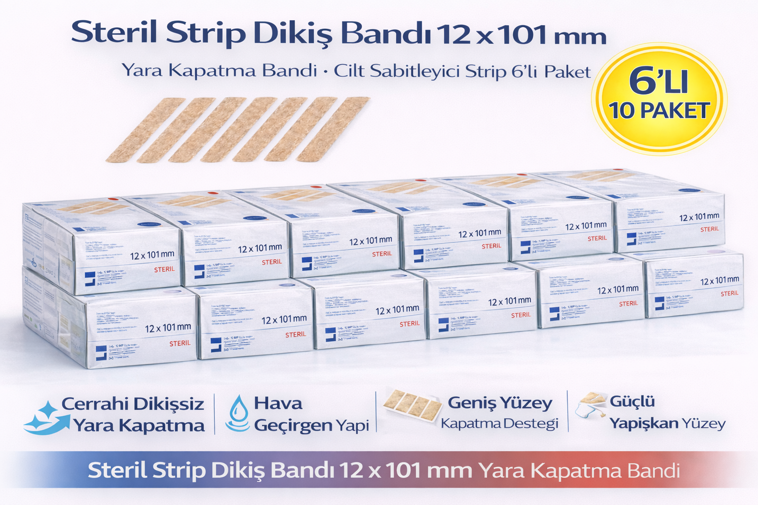 Steril Strip Dikiş Bandı 12 x 101 mm Yara Kapatma Bandı Cilt Sabitleyici Strip 6'lı 10 Paket