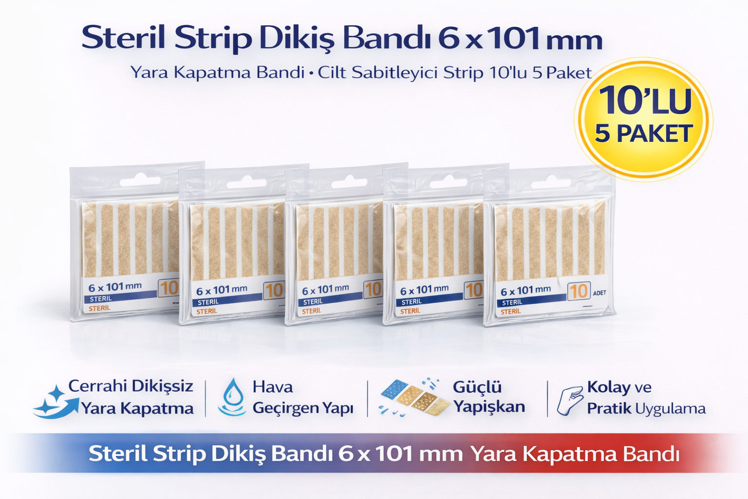 Steril Strip Dikiş Bandı 6 x 101 mm Yara Kapatma Bandı Cilt Sabitleyici Strip 10lu 5 Paket