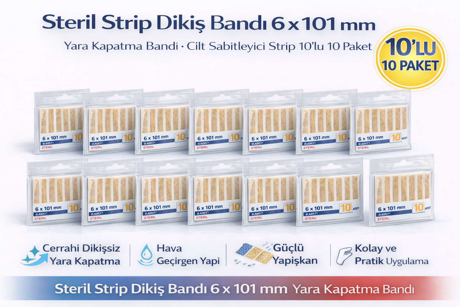 Steril Strip Dikiş Bandı 6 x 101 mm Yara Kapatma Bandı Cilt Sabitleyici Strip 10lu 10 Paket