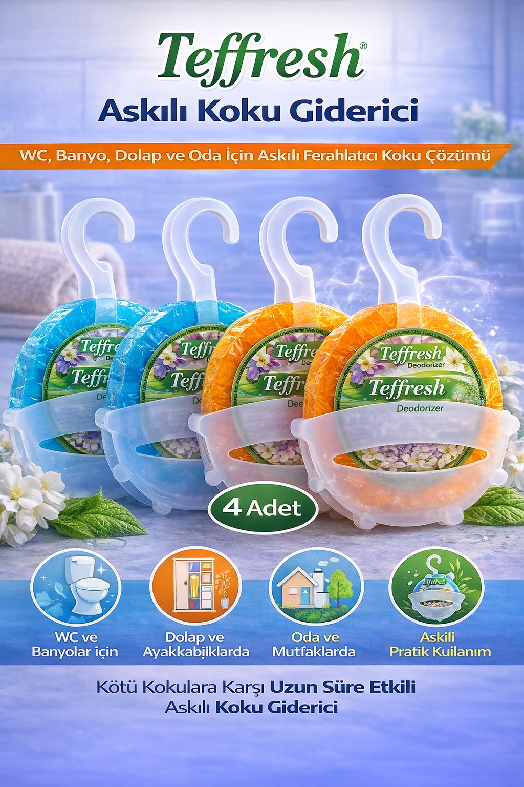 Teffresh Askılı Koku Giderici 4 Adet WC Banyo Dolap ve Oda İçin Askılı Ortam Koku Giderici