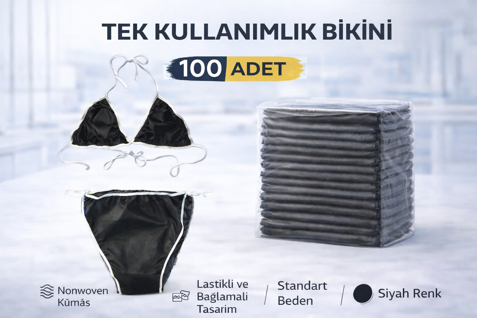 Tek Kullanımlık Bikini 100 Adet Nonwoven Kumaş Siyah Lastikli ve Bağlamalı Standart Beden
