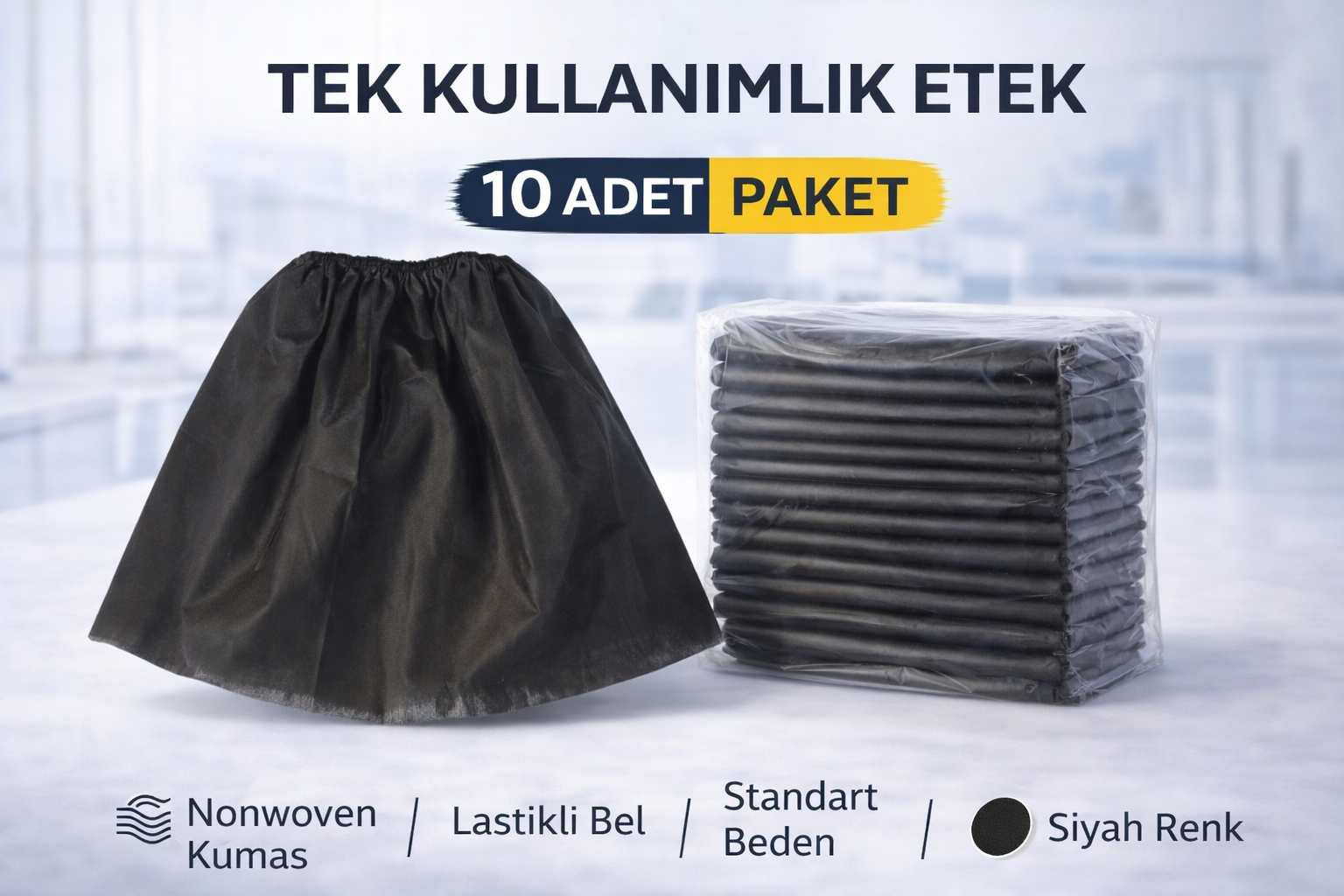 Tek Kullanımlık Etek 10 Adet Nonwoven Kumaş Siyah Lastikli Bel Standart Beden