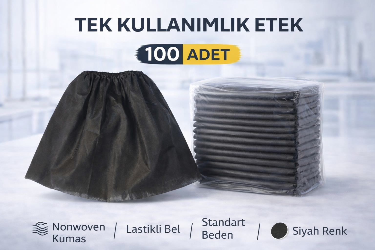 Tek Kullanımlık Etek 100 Adet Nonwoven Kumaş Siyah Lastikli Bel Standart Beden