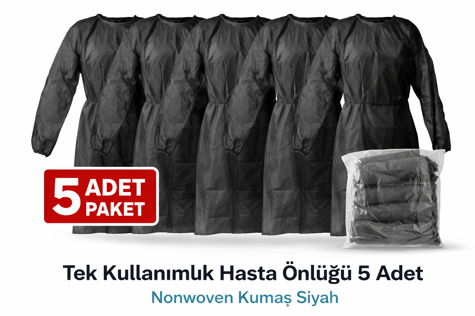 Tek Kullanımlık Hasta Önlüğü 5 Adet Nonwoven Kumaş Uzun Kollu Standart Beden Siyah