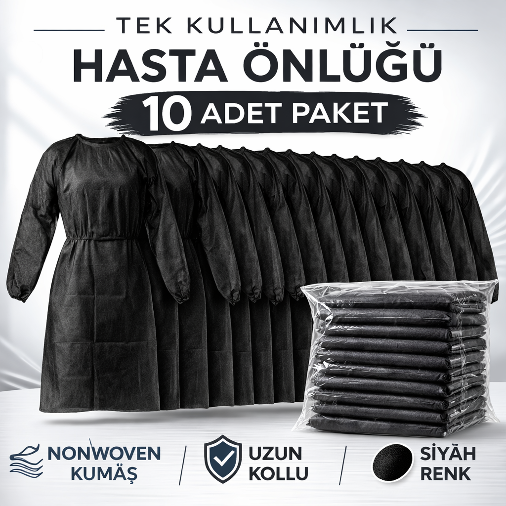 Tek Kullanımlık Hasta Önlüğü 10 Adet Nonwoven Kumaş Uzun Kollu Standart Beden Siyah