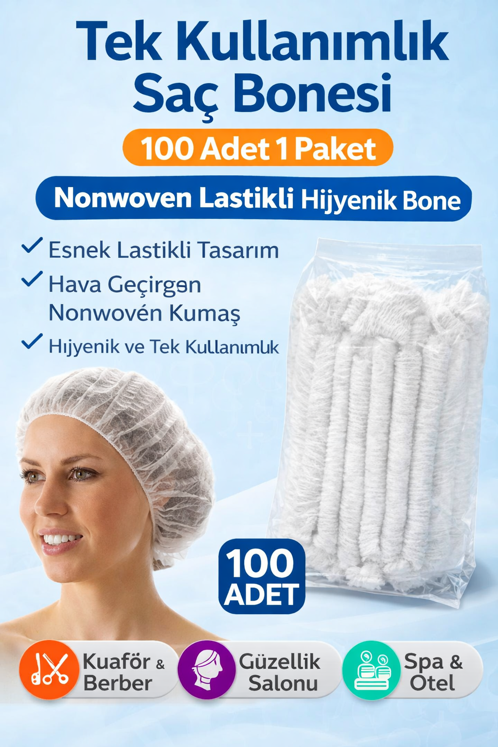 Tek Kullanımlık Saç Bonesi 100'LÜ 1 Paket Nonwoven Lastikli Hijyenik Bone