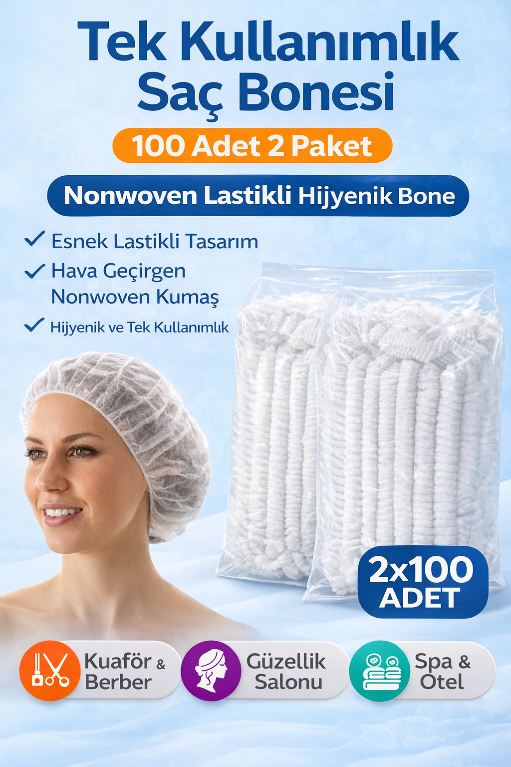 Tek Kullanımlık Saç Bonesi 100'LÜ 2 Paket Nonwoven Lastikli Hijyenik Bone Toplam 200 Adet