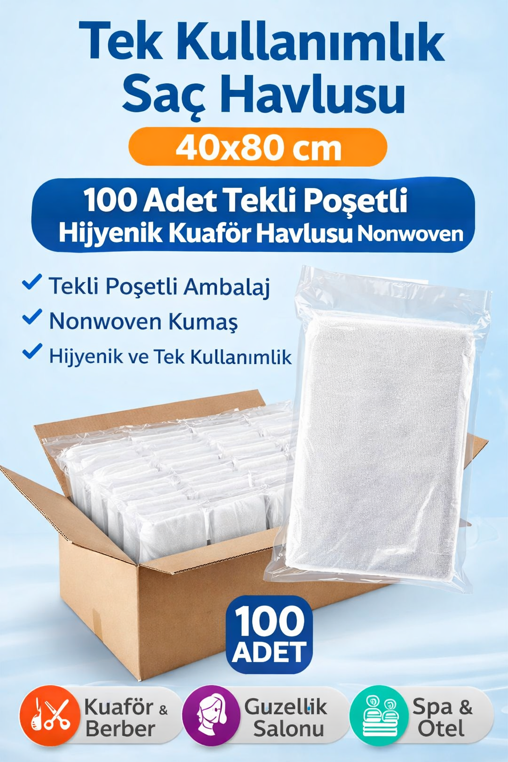 Tek Kullanımlık Saç Havlusu 40x80 cm 100 Adet Tekli Poşetli Hijyenik Kuaför Havlusu Nonwoven