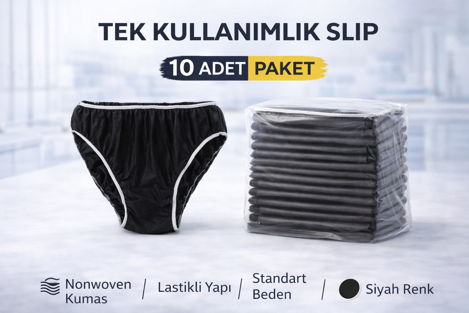 Tek Kullanımlık Slip 10 Adet Nonwoven Kumaş Siyah Lastikli Standart Beden