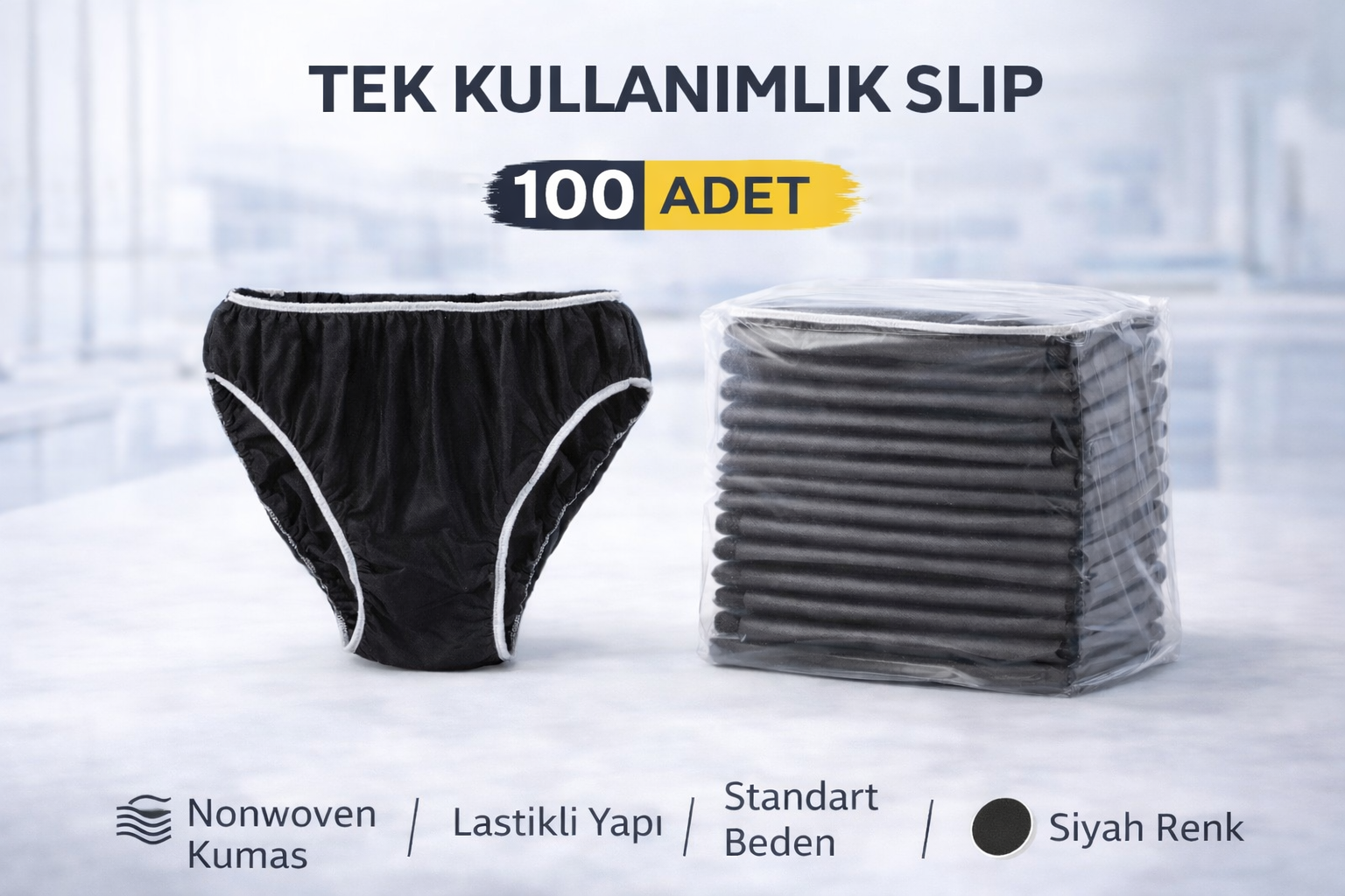 Tek Kullanımlık Slip 100 Adet Nonwoven Kumaş Siyah Lastikli Standart Beden