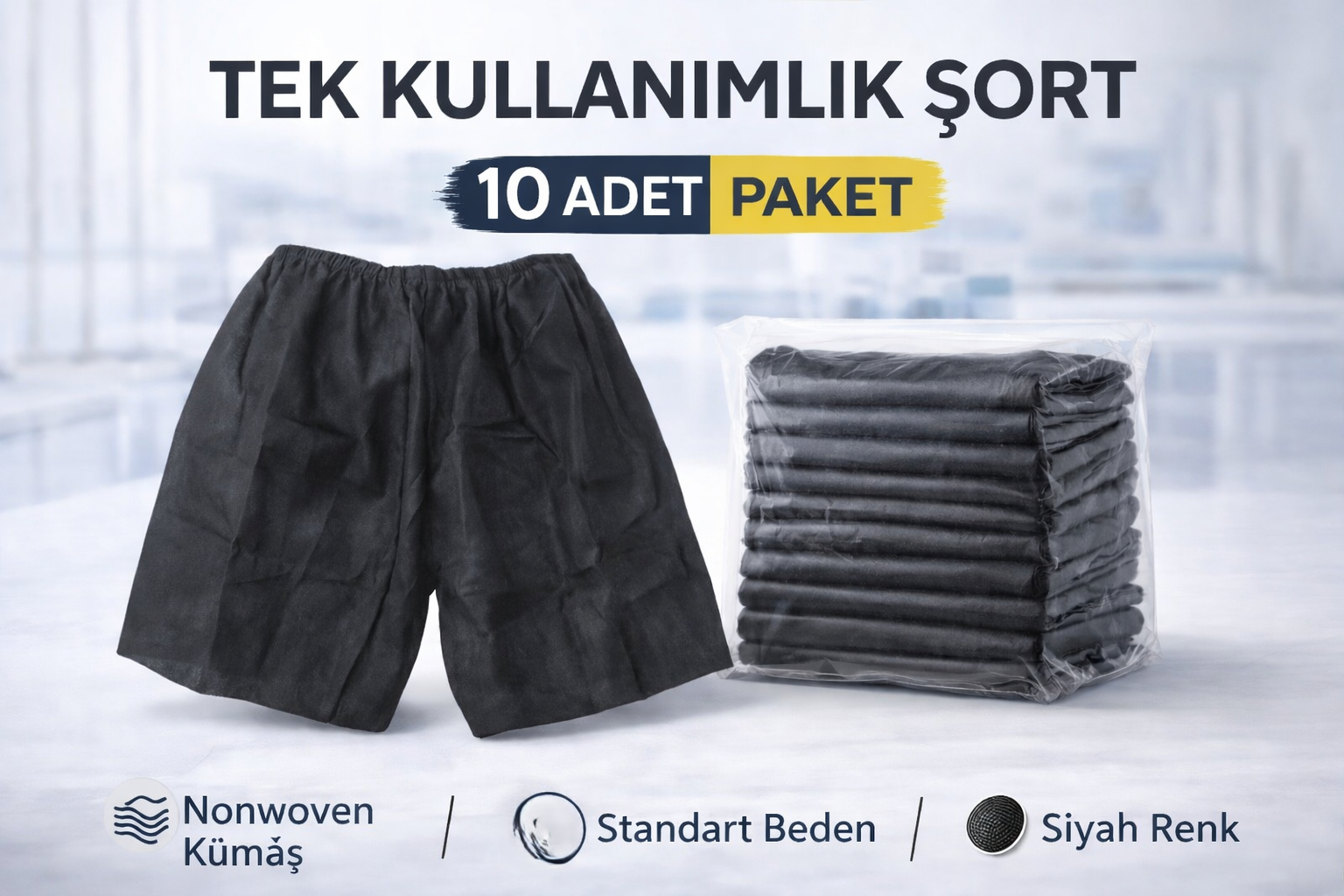 Tek Kullanımlık Şort 10 Adet Nonwoven Kumaş Siyah Standart Beden