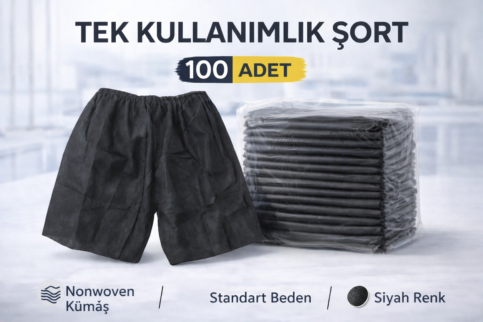 Tek Kullanımlık Şort 100 Adet Nonwoven Kumaş Siyah Standart Beden